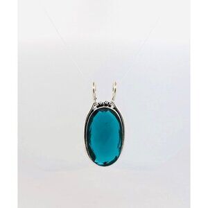 Estate 925 Sterling Silver Blue Faceted Oval Pendant Necklace 19.2g Large